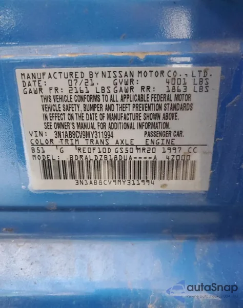 2021 Nissan Sentra Sv from USA, damaged, VIN 3N1AB8CV9MY311994